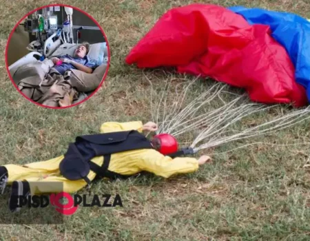 Parachutist accident prevention: Skydiver performing safety check before jump.