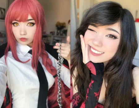 Emiru demonstrating the famous "Emiru handbra" pose, a viral trend combining creativity and empowerment in cosplay and streaming communities.