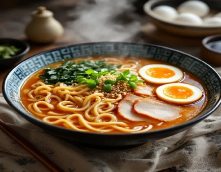 A steaming bowl of Onomichi Dango Masayoshi Ramen Original, showcasing the unique combination of ramen noodles and sweet dango dumplings.