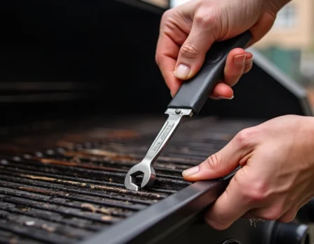 Crevice wrench tool sizes for barbecue grill assembly, featuring 7/16-inch and 10-mm wrenches.